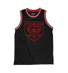 PUCK HCKY 'SHOOT PUCKS NOT PEOPLE - BATTLE EAGLE' sleeveless summer league jersey in black, red, and white front view