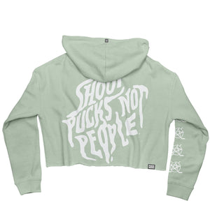 PUCK HCKY 'SHOOT PUCKS NOT PEOPLE - DRIPPY SCRIPT' women's cropped hockey hoodie in sage back view