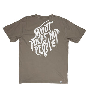 PUCK HCKY 'SHOOT PUCKS NOT PEOPLE - DRIPPY SCRIPT' short sleeve hockey pocket t-shirt in cinder back view