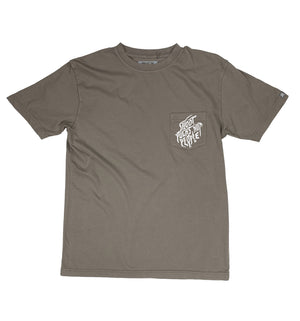 PUCK HCKY 'SHOOT PUCKS NOT PEOPLE - DRIPPY SCRIPT' short sleeve hockey pocket t-shirt in cinder front view
