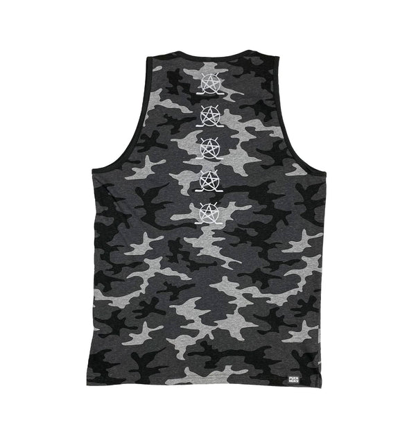 PUCK HCKY 'SHOOT PUCKS NOT PEOPLE - DRIPPY SCRIPT' hockey tank top in black camo with black trim back view