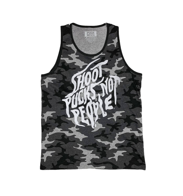 PUCK HCKY 'SHOOT PUCKS NOT PEOPLE - DRIPPY SCRIPT' hockey tank top in black camo with black trim front view