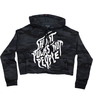 PUCK HCKY 'SHOOT PUCKS NOT PEOPLE - STACKED' women's pullover crop hockey hoodie in black camo