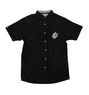 PUCK HCKY 'SHOOT PUCKS NOT PEOPLE - SCRIPT' short sleeve hockey shirt in black with white dots front view