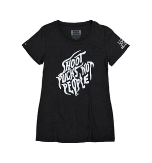 PUCK HCKY 'SHOOT PUCKS NOT PEOPLE - SCRIPT' women's short sleeve hockey t-shirt in black
