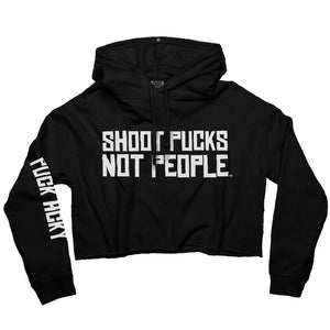 PUCK HCKY 'SHOOT PUCKS NOT PEOPLE - STACKED' women's pullover crop hockey hoodie in black