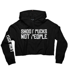 PUCK HCKY 'SHOOT PUCKS NOT PEOPLE - STACKED' women's pullover crop hockey hoodie in black