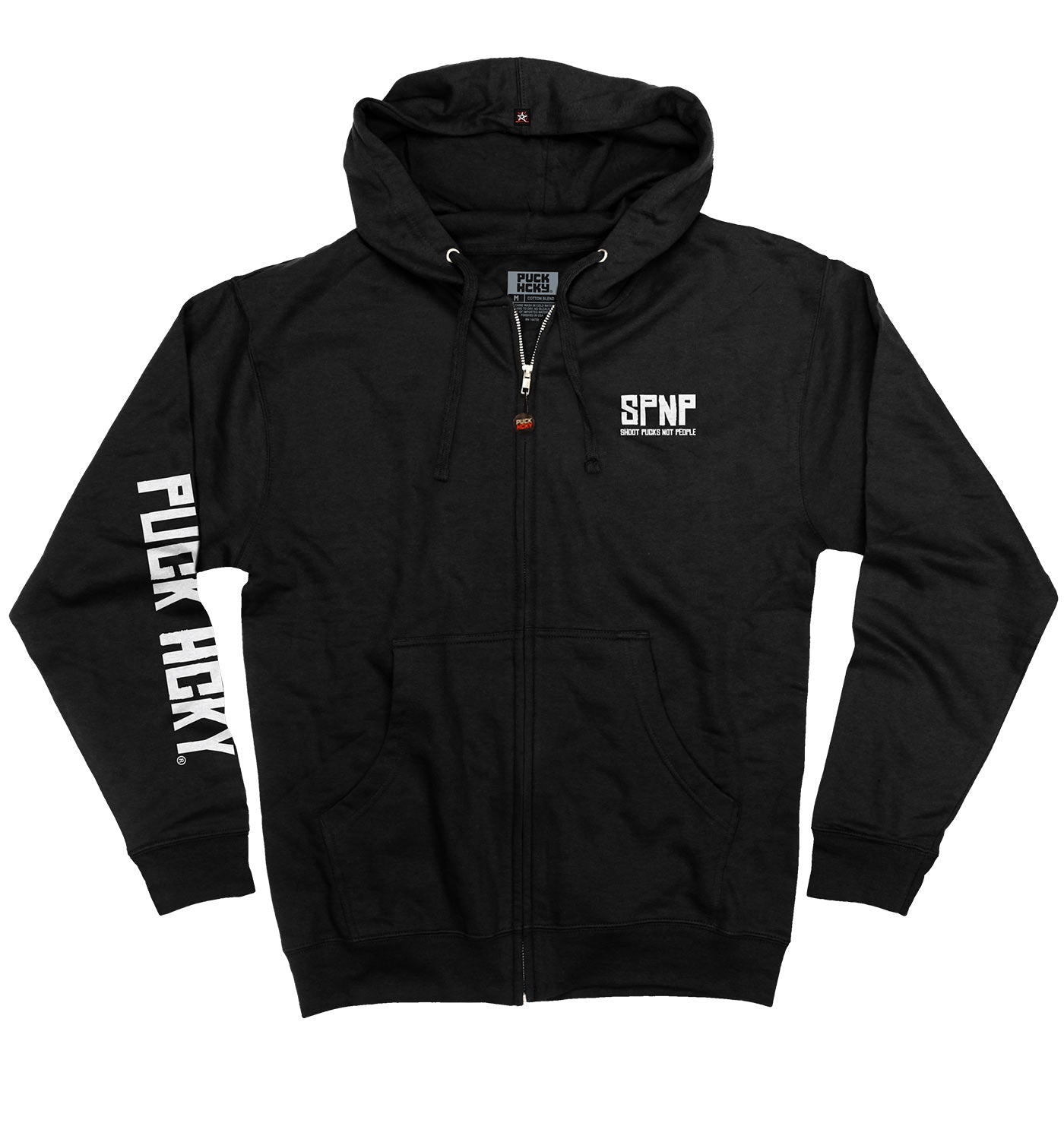 PUCK HCKY 'SHOOT PUCKS NOT PEOPLE - STACKED' full zip hockey hoodie in black front view