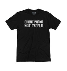 PUCK HCKY 'SHOOT PUCKS NOT PEOPLE - STACKED' short sleeve hockey t-shirt in solid black