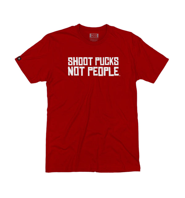 PUCK HCKY 'SHOOT PUCKS NOT PEOPLE - STACKED' short sleeve hockey t-shirt in red