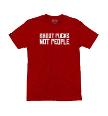 PUCK HCKY 'SHOOT PUCKS NOT PEOPLE - STACKED' short sleeve hockey t-shirt in red