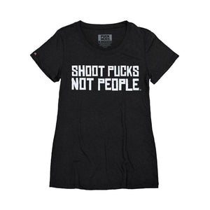 PUCK HCKY 'SHOOT PUCKS NOT PEOPLE - STACKED' women's short sleeve hockey t-shirt in black
