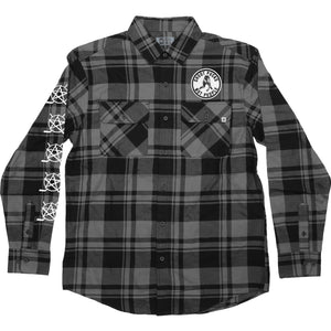 PUCK HCKY 'SHOOT PUCKS NOT PEOPLE - THE BIG SKATE' hockey flannel in grey and black plaid front view