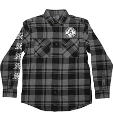 PUCK HCKY 'SHOOT PUCKS NOT PEOPLE - THE BIG SKATE' hockey flannel in grey and black plaid front view