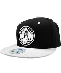 PUCK HCKY 'SHOOT PUCKS NOT PEOPLE - THE BIG SKATE' flat bill snapback hockey cap in black with a white bill