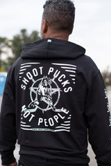 PUCK HCKY 'SHOOT PUCKS NOT PEOPLE - THE BIG SKATE' full zip hockey hoodie in black back view on model