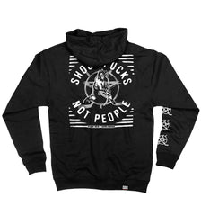 PUCK HCKY 'SHOOT PUCKS NOT PEOPLE - THE BIG SKATE' full zip hockey hoodie in black back view