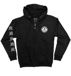 PUCK HCKY 'SHOOT PUCKS NOT PEOPLE - THE BIG SKATE' full zip hockey hoodie in black front view