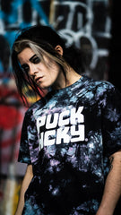 PUCK HCKY 'STACKED' short sleeve tie-dye hockey t-shirt front view on model
