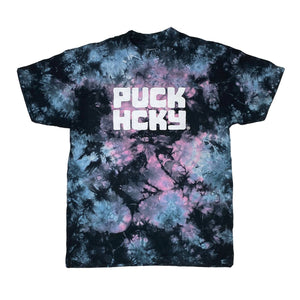 PUCK HCKY 'STACKED' short sleeve tie-dye hockey t-shirt front view