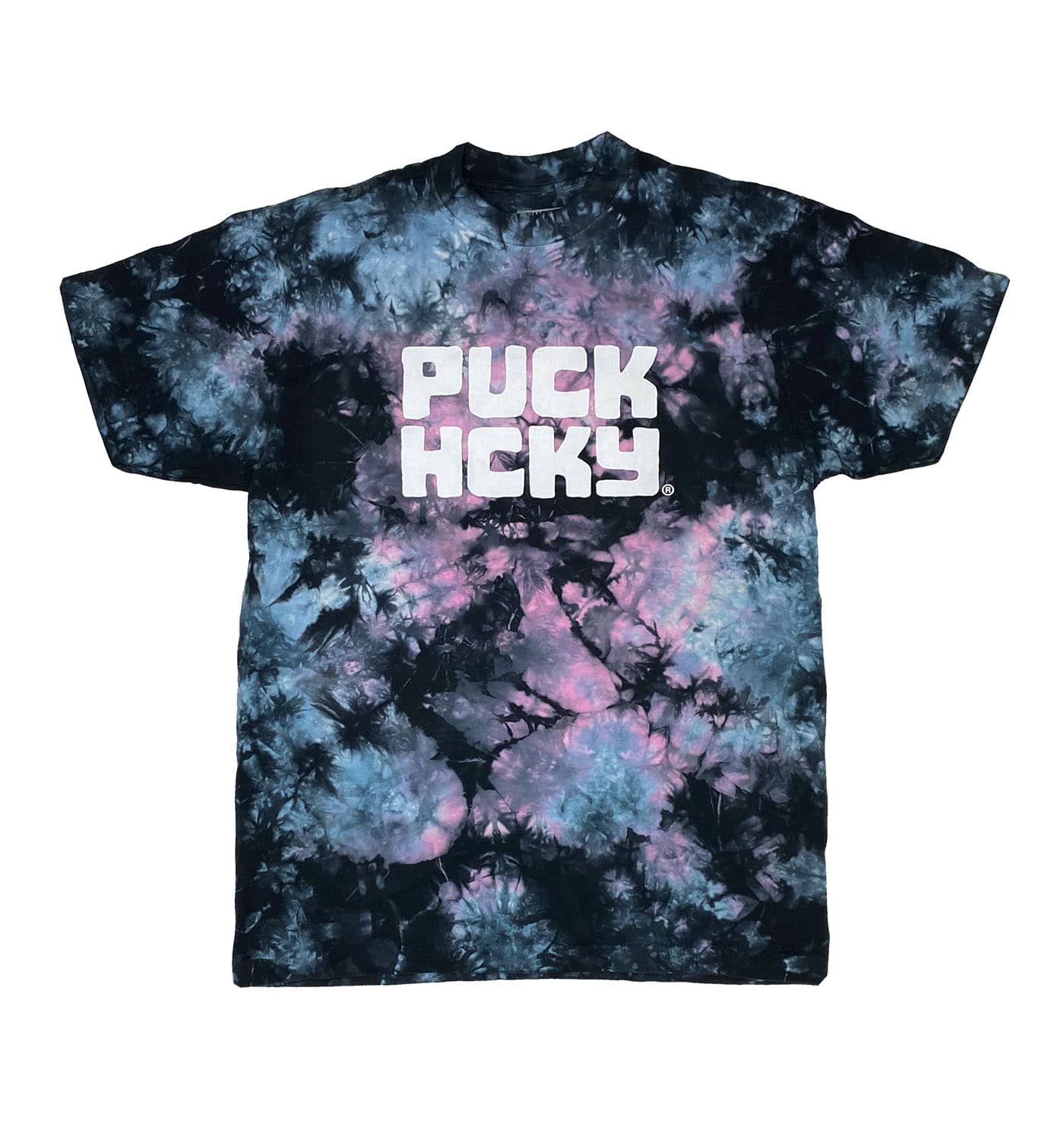 PUCK HCKY 'STACKED' short sleeve tie-dye hockey t-shirt front view