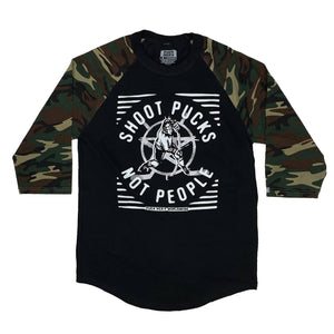 PUCK HCKY 'SHOOT PUCKS NOT PEOPLE - THE BIG SKATE' hockey raglan in black with green camo sleeves front view