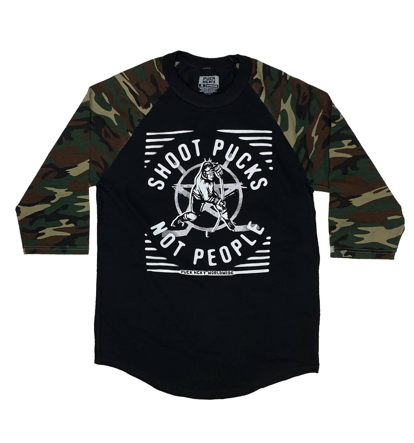PUCK HCKY 'SHOOT PUCKS NOT PEOPLE - THE BIG SKATE' hockey raglan in black with green camo sleeves front view