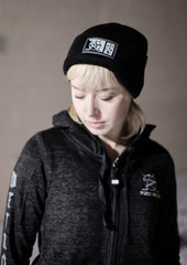 PUCK HCKY 'TOASTY TOQUE' jersey-lined, cuffed knit hockey hat in black on model