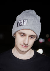 PUCK HCKY 'TOASTY TOQUE' jersey-lined, cuffed knit hockey hat in heather grey on model