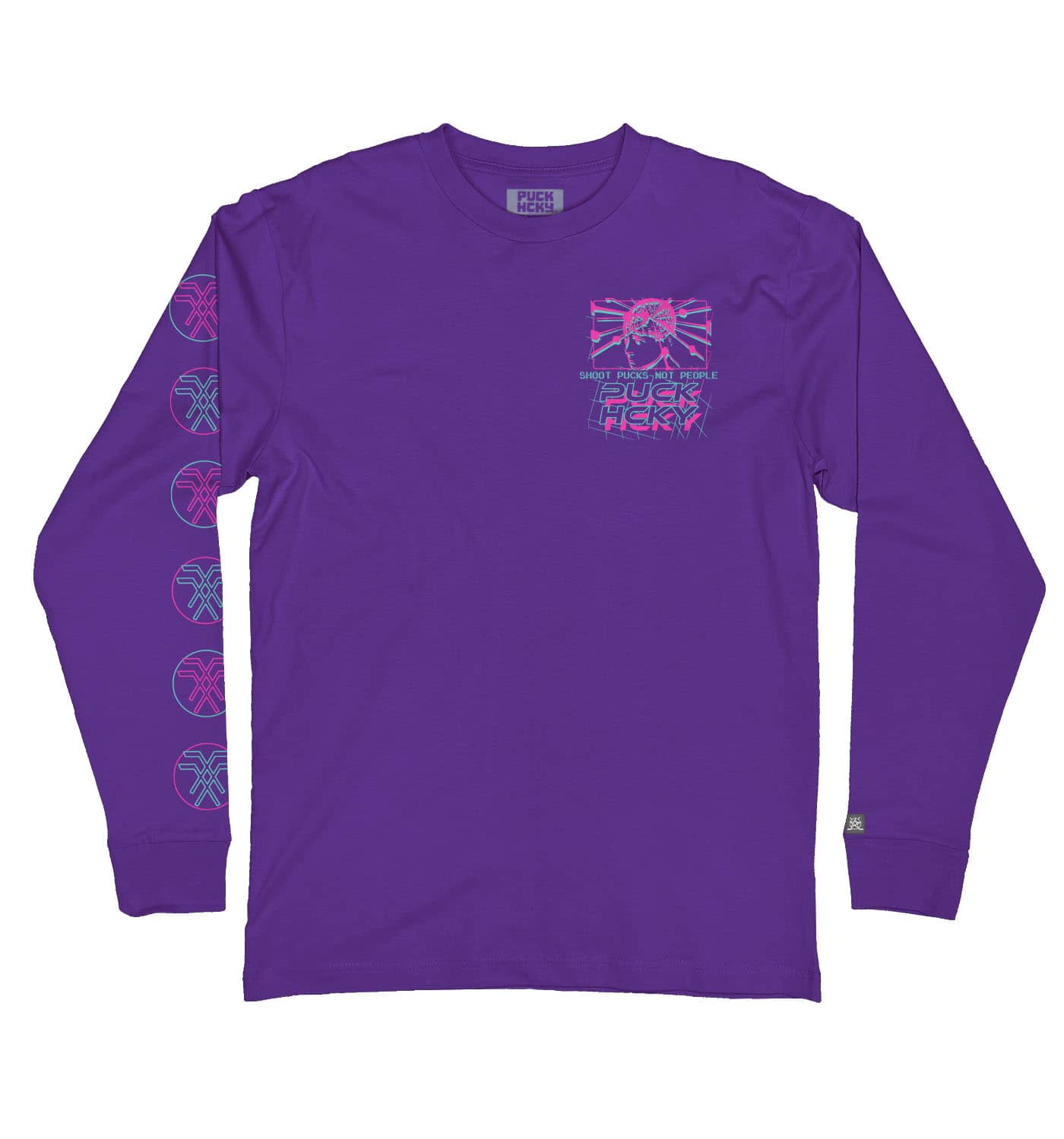 PUCK HCKY 'VAPORWAVE' long sleeve hockey t-shirt in purple front view