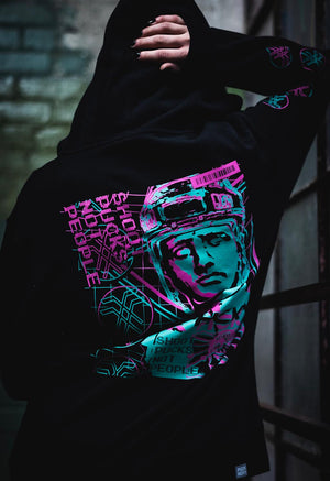 PUCK HCKY 'VAPORWAVE' full zip hockey hoodie in black back view on model