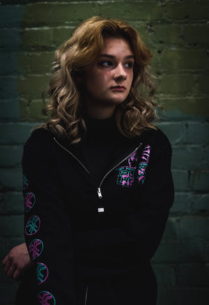 PUCK HCKY 'VAPORWAVE' full zip hockey hoodie in black front view on model