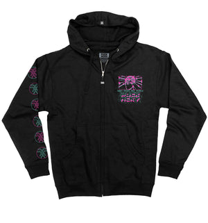 PUCK HCKY 'VAPORWAVE' full zip hockey hoodie in black front view