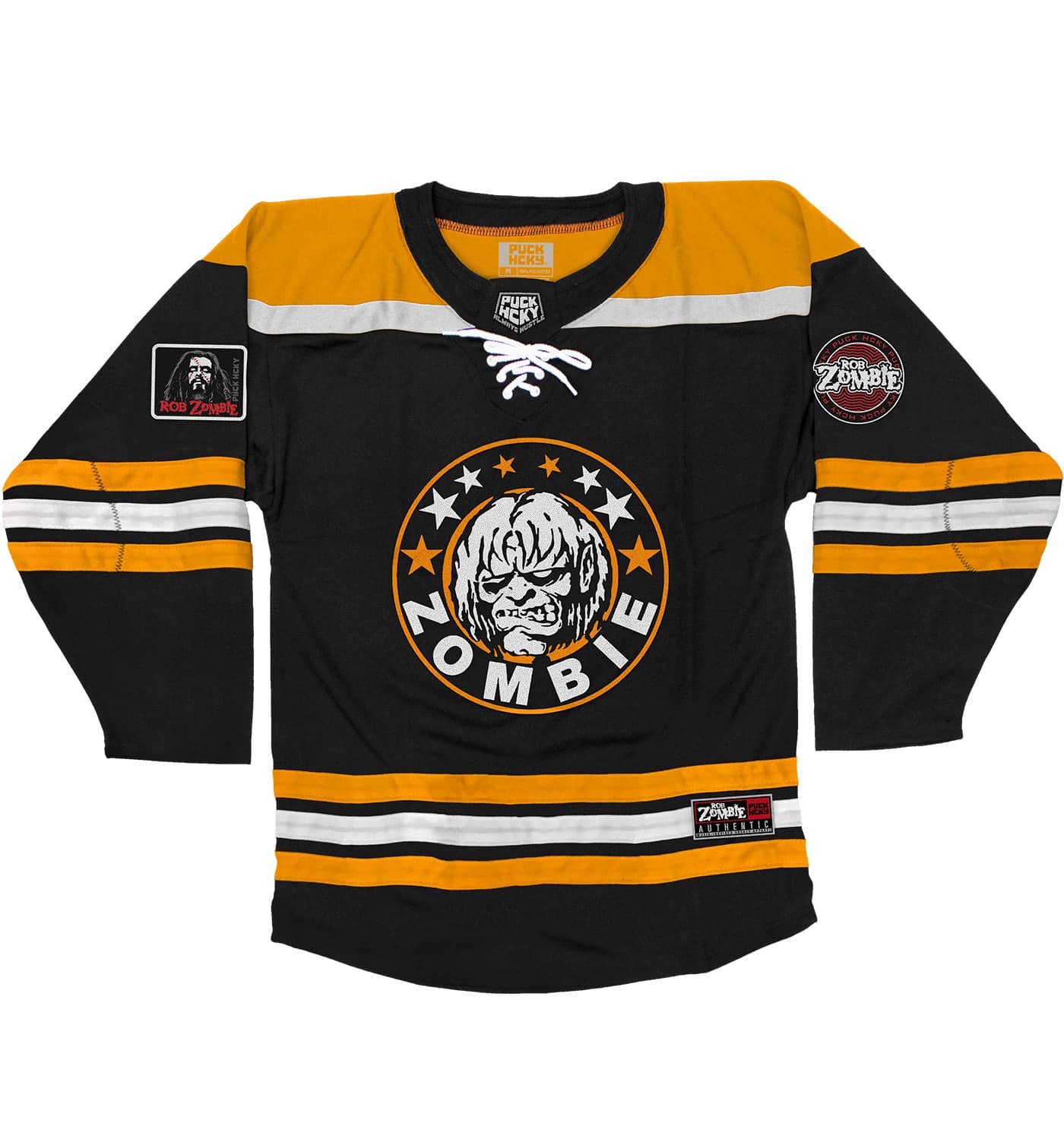 ROB ZOMBIE 'MARS NEEDS HCKY' hockey jersey in black, gold, and white front view