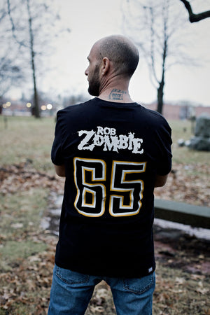ROB ZOMBIE 'MARS NEEDS HCKY' short sleeve hockey t-shirt in black back view on model