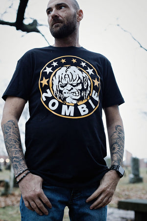 ROB ZOMBIE 'MARS NEEDS HCKY' short sleeve hockey t-shirt in black front view on model