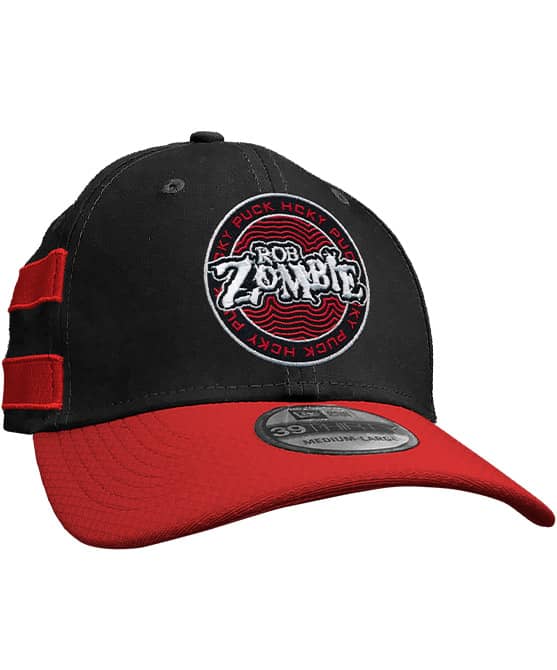 ROB ZOMBIE 'PUCK OF THE EARTH' stretch fit hockey cap in black with red brim and stripes front view