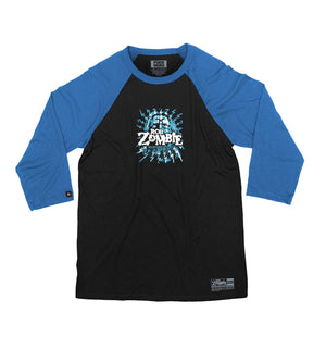 ROB ZOMBIE 'SKATANIC' hockey raglan t-shirt in grey with black sleeves front view