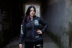 ROB ZOMBIE 'SKATANIC' women's full zip hockey hoodie in acid black front view on model