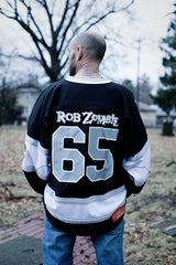 ROB ZOMBIE 'SKATERBEAST' deluxe hockey jersey in black, white, and grey back view on model