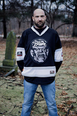 ROB ZOMBIE 'SKATERBEAST' deluxe hockey jersey in black, white, and grey front view on model