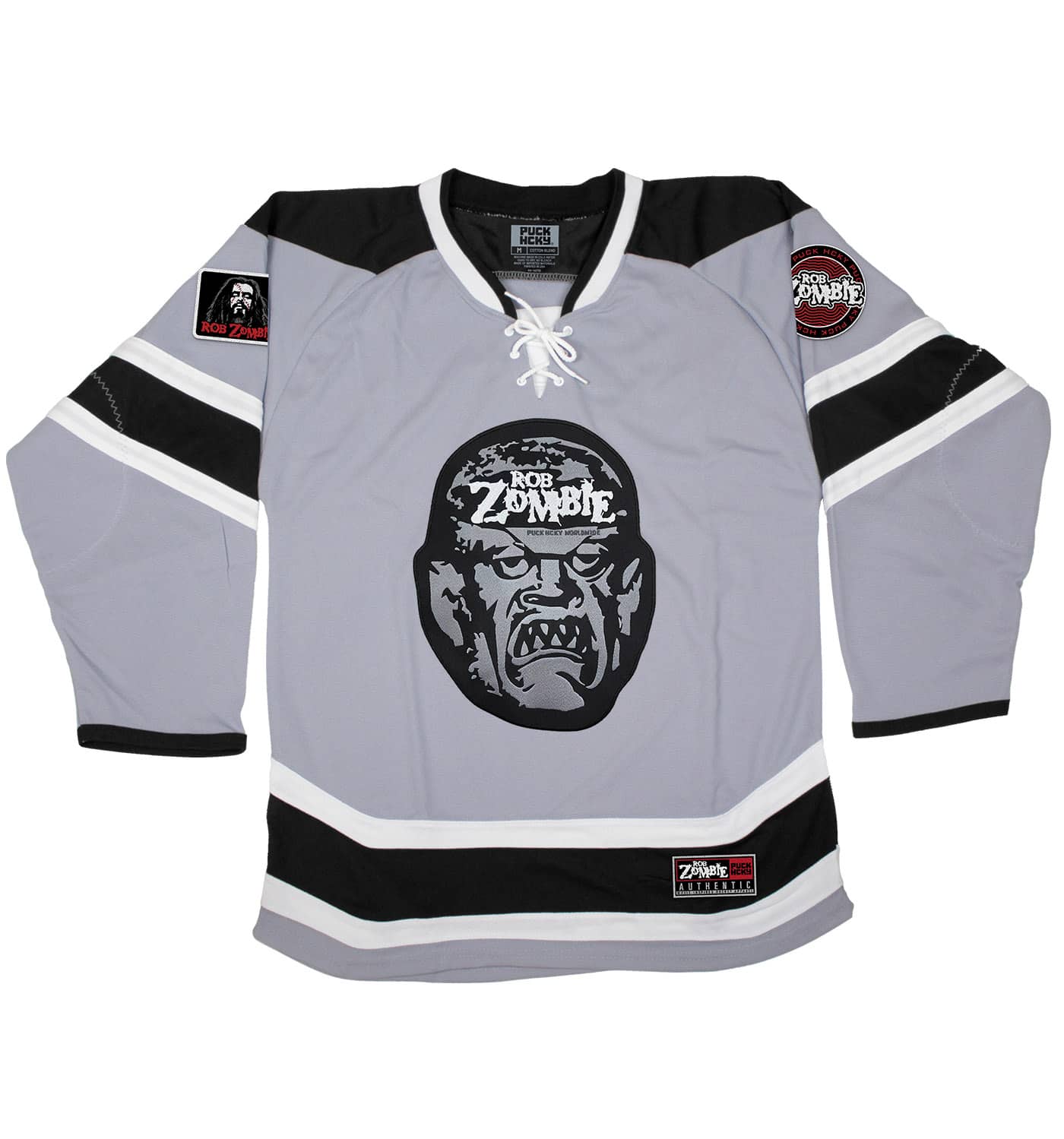 ROB ZOMBIE 'SKATERBEAST' deluxe hockey jersey in grey, black, and white front view
