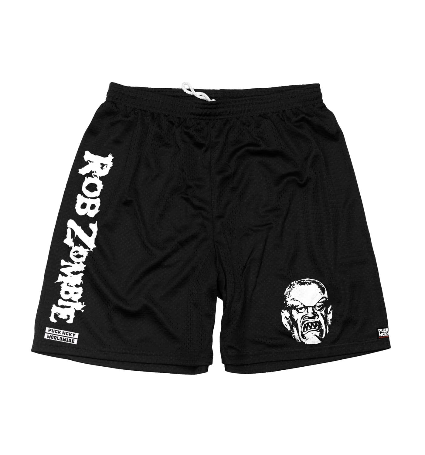 ROB ZOMBIE 'SKATERBEAST' mesh hockey shorts in black front view