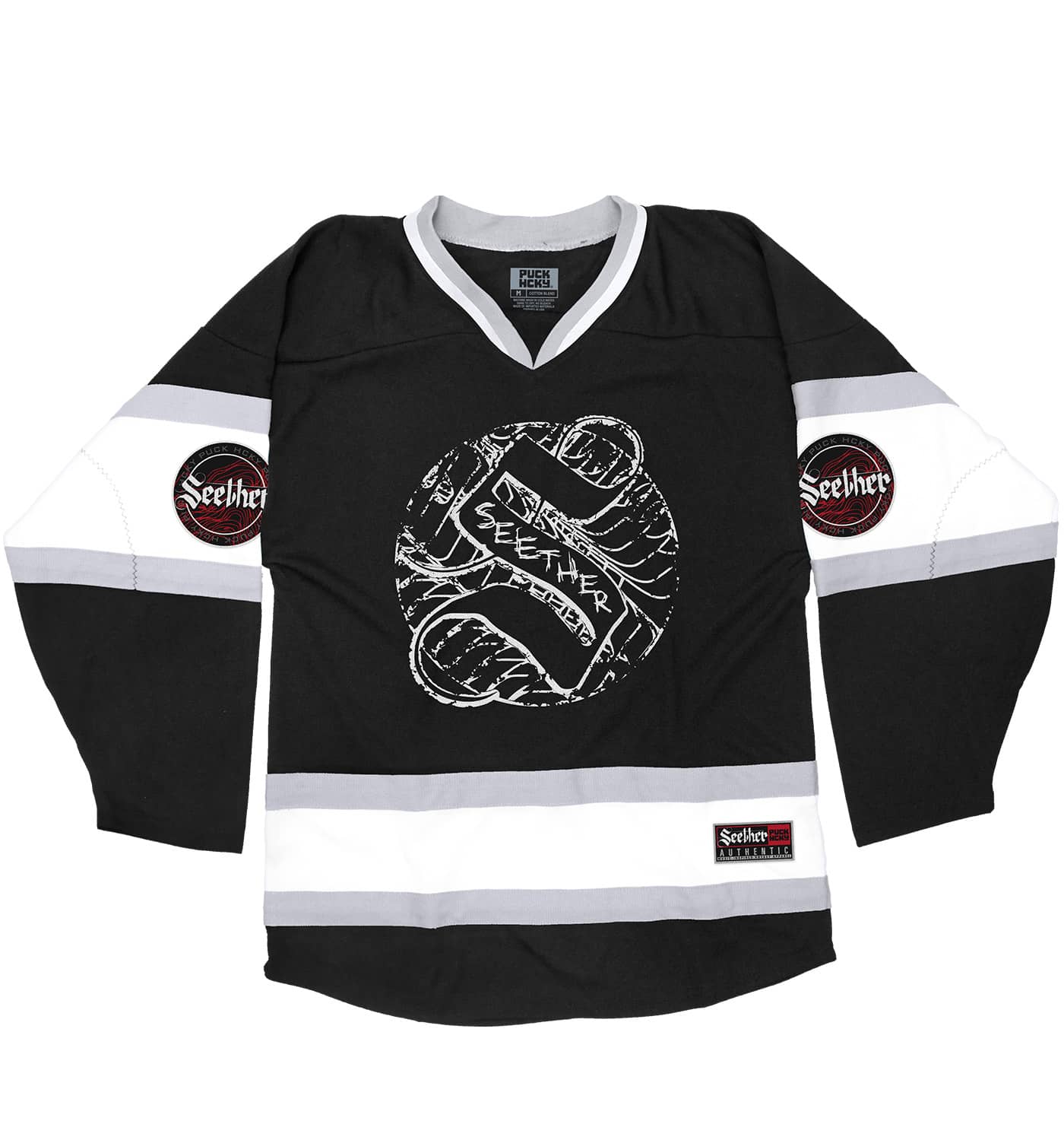 SEETHER 'THE S' hockey jersey in black, white, and grey front view