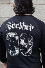 SEETHER 'THE S' hockey raglan t-shirt in graphite heather with black sleeves back view on model