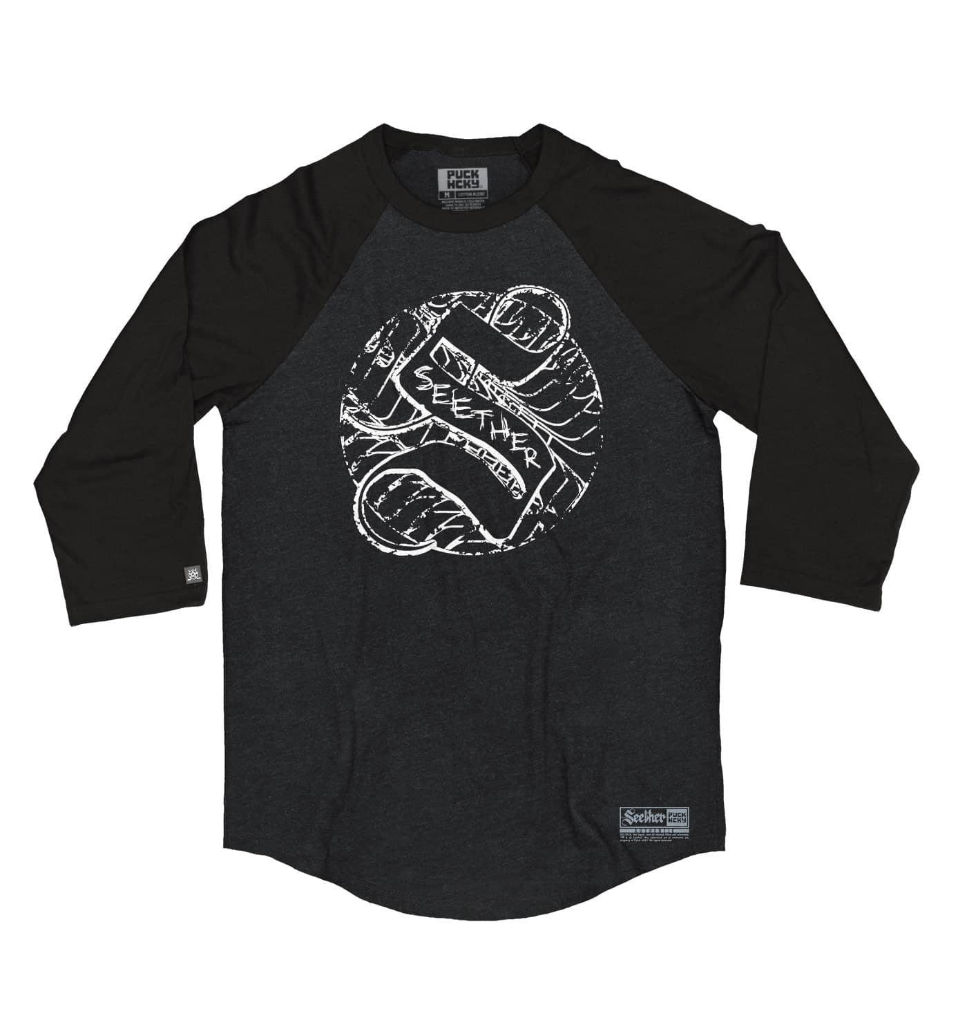 SEETHER 'THE S' hockey raglan t-shirt in graphite heather with black sleeves front view
