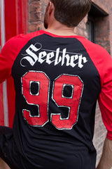 SEETHER 'THE S' hockey raglan t-shirt in black with red sleeves back view on model
