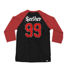 SEETHER 'THE S' hockey raglan t-shirt in black with red sleeves back view