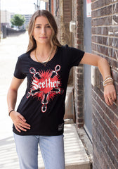 SEETHER ‘WASTELAND’ women's short sleeve hockey t-shirt in black front view on model