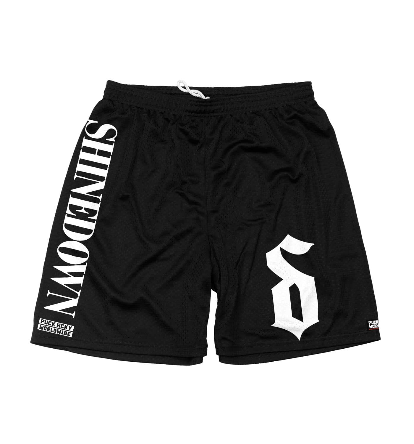 SHINEDOWN ‘ADRENALINE’ mesh hockey shorts in black front view
